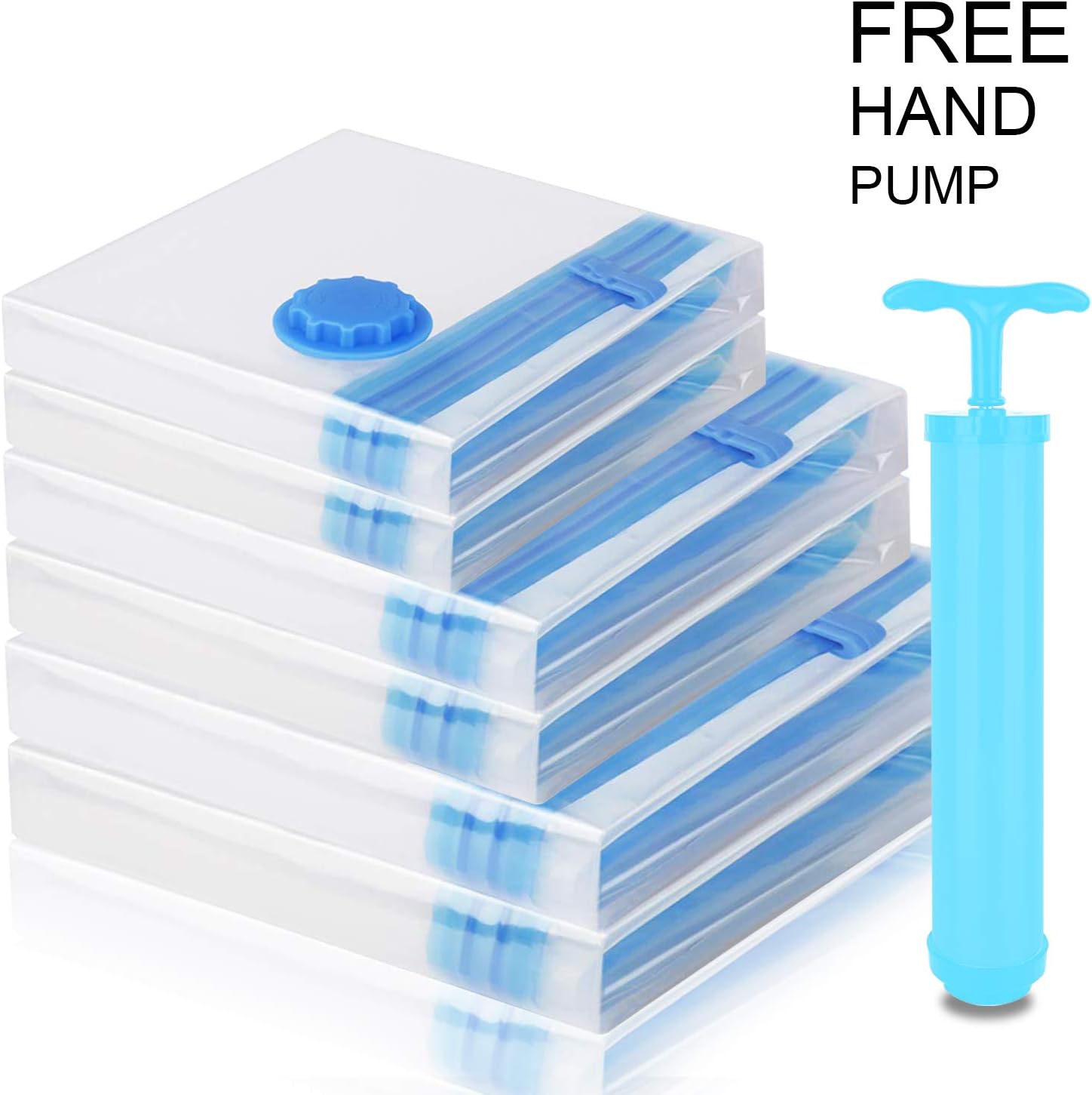 Amurgo Reusable High Strength Vacuum Compression Storage Bags for Clothes Blankets Comforters Pillows, 80% More Space Saver Bags with Travel Hand Pump - 6 Packs