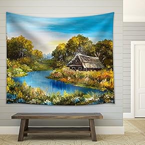 Oil Painting - Farmhouse Near The River, River Blue, Blue Sky, Summer Forest, Green Field Full of Flowers - Fabric Wall Tapestry Home Decor - 51x60 inches