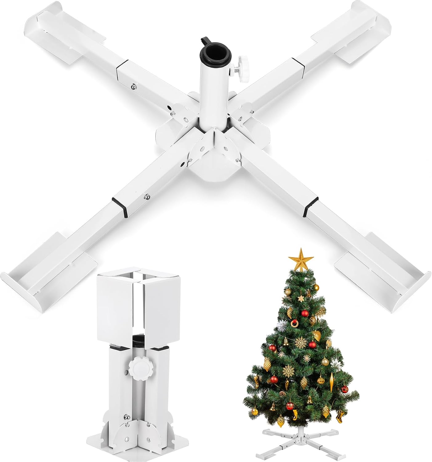 Tree Stands - Universal Christmas Tree Stand for up to 7.5' Less Than 1.26'' in Diameter Retractable Foldable Christmas Tree Holder Base Heavy Duty Artificial Tree Base Stand for Xmas Tree up to 100 Lbs (White)