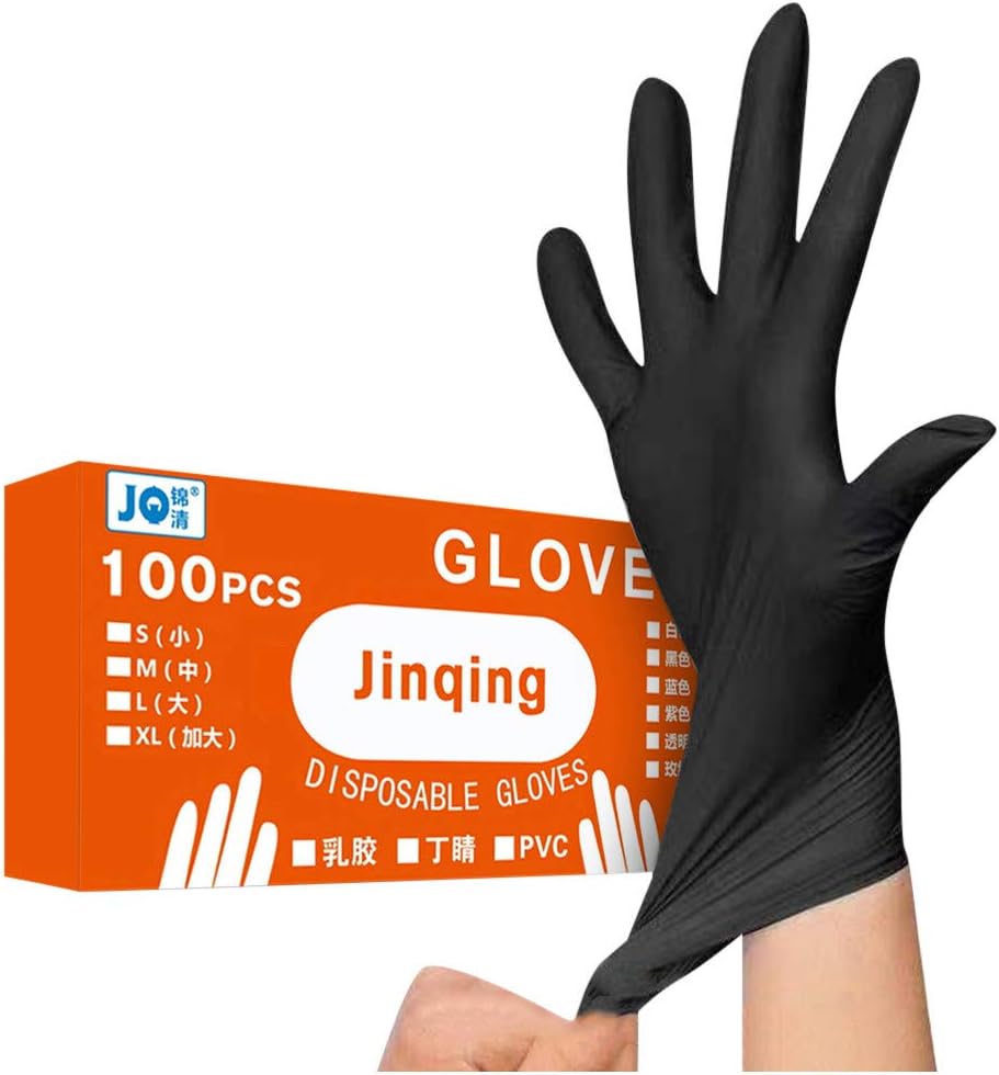SHUDAGE 100 PC Nitrile Disposable Gloves Powder Free Rubber Latex Free Medical Exam Gloves Non Sterile Ambidextrous Comfortable Industrial Black Rubber Gloves (L, Black)