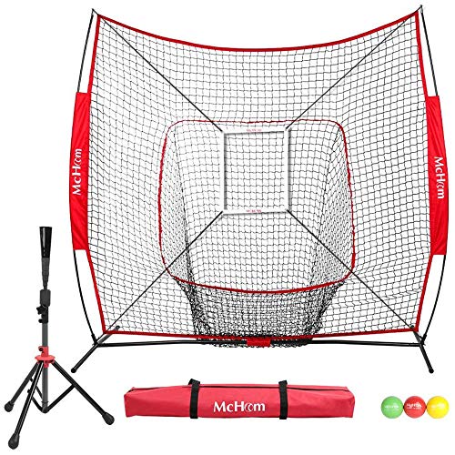 McHom 7' x 7' Baseball & Softball Bundle | Hitting & Pitching Practice Net | Includes Tee, 3 Weighted Balls, Strike Zone & Carry Bag | Collapsible & Portable