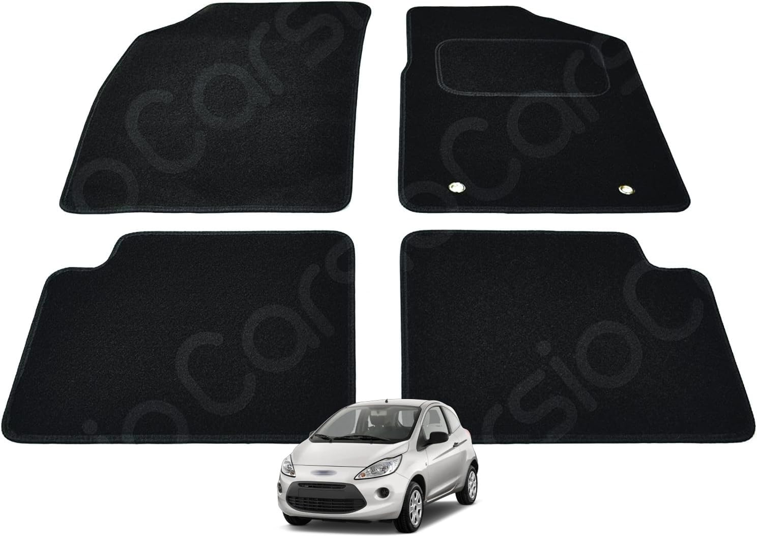 Carsio Carpet Car Mats For Ford KA 2009 to 2013 4 Piece Set Tailored Fit Floor Mat Complete Accessory Black Custom Fitted - All Weather, Anti-Slip Backing & Black Trim