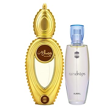 Ajmal Wisal Dhahab EDP Fruity Floral Perfume 50ml for Men and Raindrops EDP Floral Chypre Perfume 50ml for Women + 2 Parfum Testers FREE