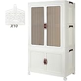 PULNDA Portable Plastic Wardrobe Closet Storage Bins with Lid and Doors | Foldable Storage Bins for Clothes, Storage Organizers with Lid and Doors, Stackable closet wardrobe with 10 Hangers, White