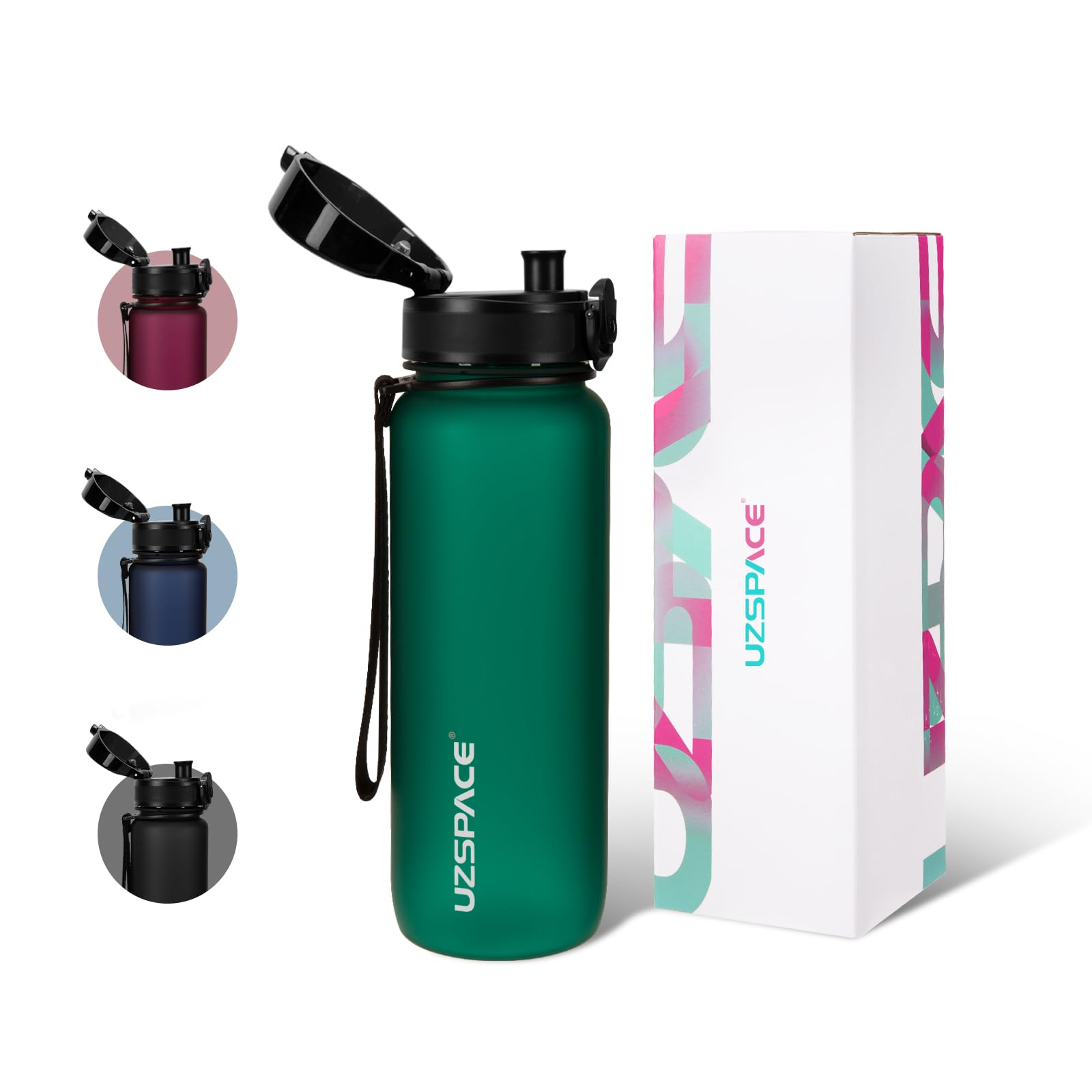 UZSPACE Sports Water Bottle with Strainer - BPA Free Drinking Bottles for Adults - Gym Water Bottle 800ml with Capacity Scale - Daily Water Intake Bottle for School or Fitness & Outdoors Bright Green