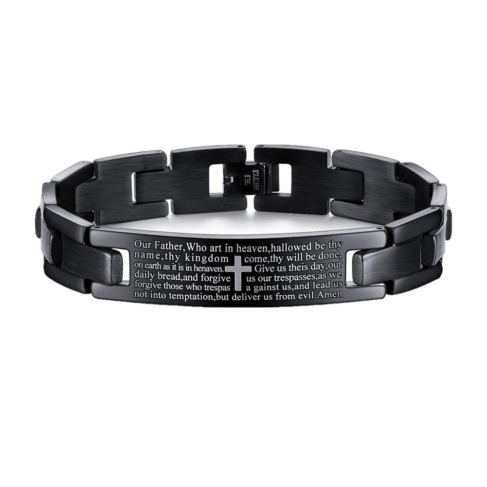 LAFATINA Lords Prayer English Bible Cross Bracelet, Men's Stainless Steel Religious Faith Christian Link Wristband for Christmas Easter Boys Women