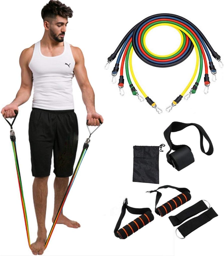Lomsarsh Resistance Bands 11 Packs/Set, Exercise Bands, Including 5 Pull Tube, 2 Foam Handles, 2 Ankle Straps, 1 Door Anchor,1 Storage Bag- Home Workouts, Physical Therapy,Gym Training,Yoga,Pilates