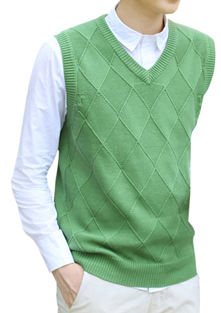 YasongMen V Neck Sleeveless Sweater Knitwear Diamond Argyle Knitted Tank Tops Waistcoat Business Gentleman Vest