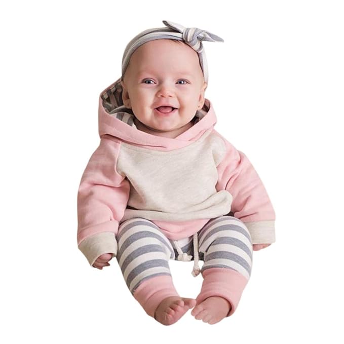 OVERDOSE Neugeborene Kleidung 3 Stück Kleinkind Baby Junge Mädchen Kleider Set Lange Hülse Kapuzenpullover Tops Streifen Hose