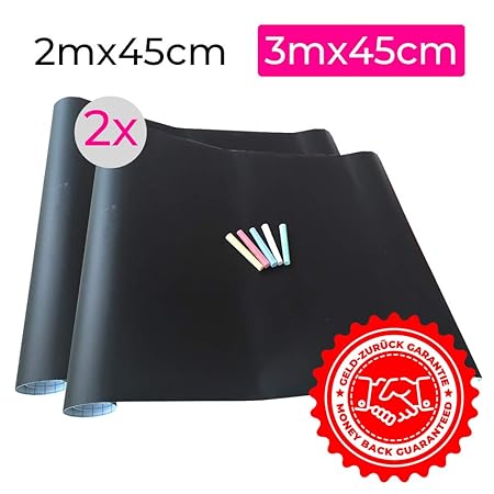 Selbstklebende Tafelfolie verschiedene Größen | Kreidetafel | 5 Stück Bunte Kreide Gratis (2x 45cm x 300cm)