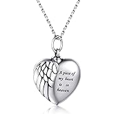 Sterling Silver Angel Wing Heart Urn Pendant Necklace For Ashes - A piece of my heart is in heaven Memorial Keepsake Cremation Jewelry