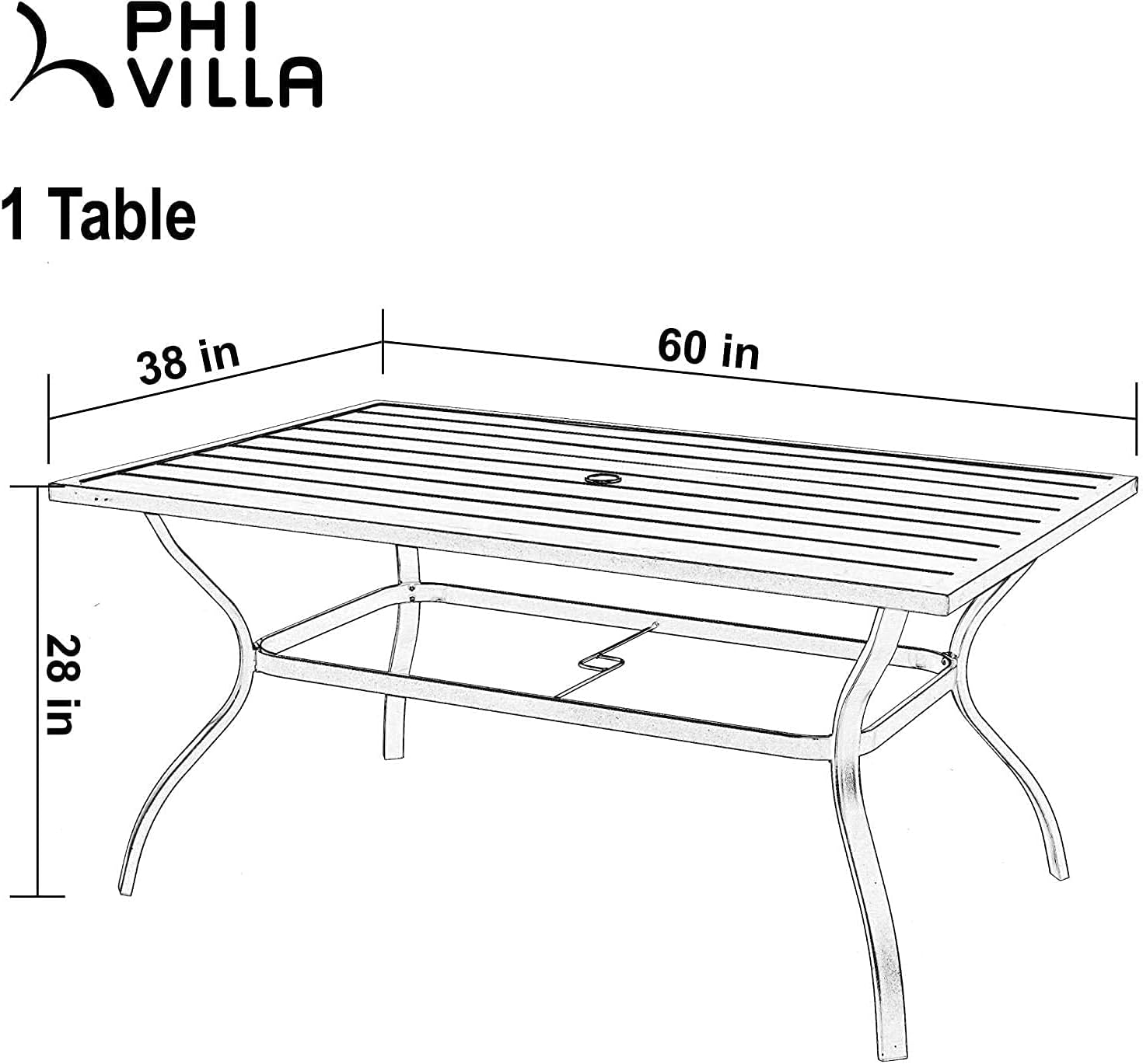 PHI VILLA Outdoor Patio 60" x 38" Rectangle Dining Table for 6-8 Person with Umbrella Hole, Classic Black: Kitchen & Dining