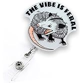 The Vibe is Feral Badge Reel Retractable, Funny Possum Badge Reel for Nurse Nursing Student RN CNA Medical Worker & Teacher, Opossum Lovers ID Badge Holder with Alligator Clip & 24” Durable Nylon Cord