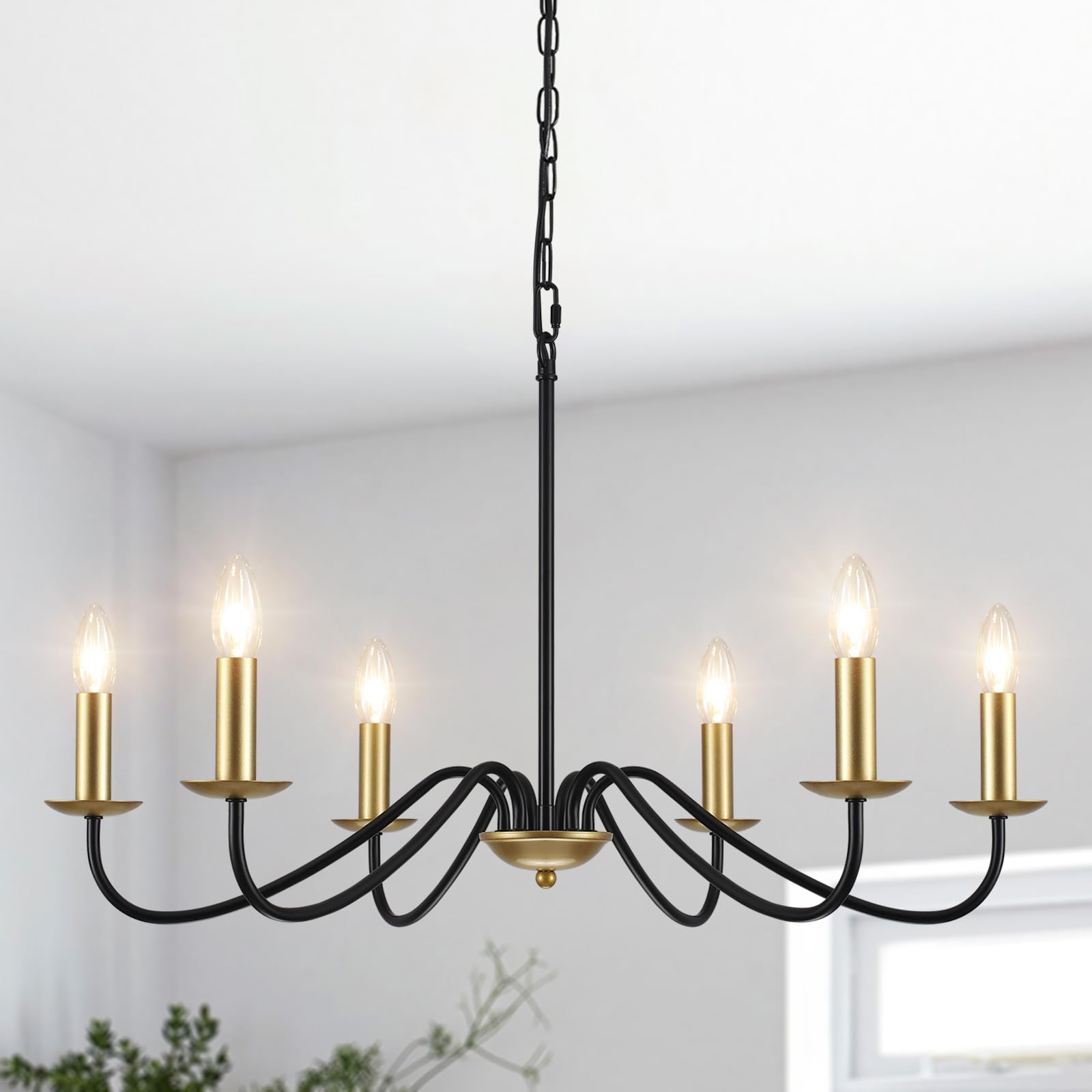 MRHYSWD Black and Gold Chandelier Lighting, 6 Lights Metal Pendant Light Fixtures Industrial Chandeliers Ceiling Light for Living Room Kitchen Dining Room Bedroom Hall, Height Adjustment