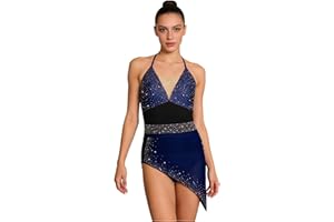 Aislor Women's Spaghetti Straps Camisole Dance Leotard Irregular Mesh Overlay Bodysuit Contemporary