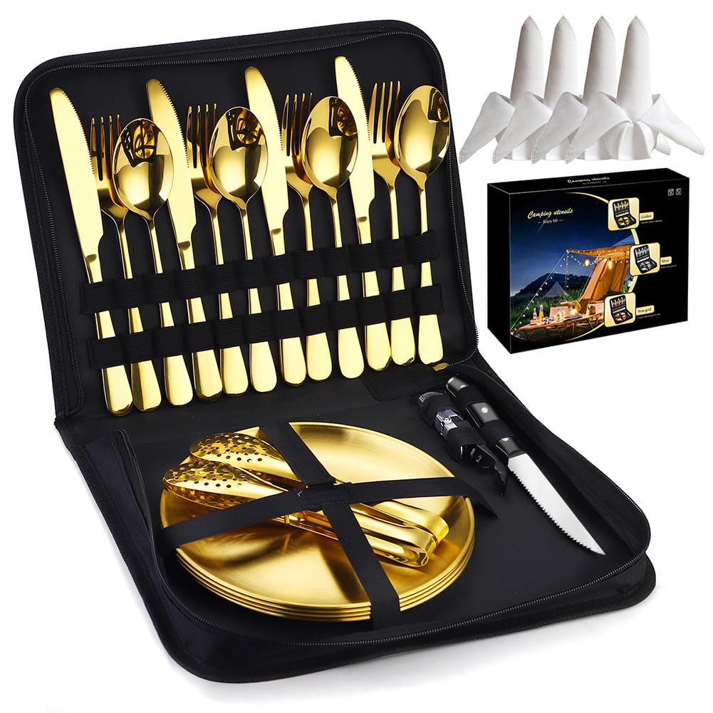 Camping Cutlery Set, Service for 4, 24 Pieces Stainless Steel Gold Tableware with Case Knifes Spoons Forks Plate Grill Tong and Bottle Opener for Picnics, Hiking, Road Trips,Camping Adventures