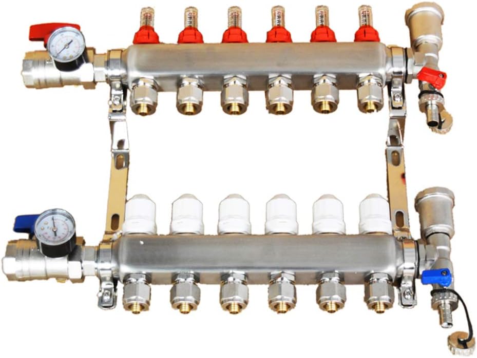 HayWHNKN 6Port Radiant Heat Manifold PEX Tubing Radiant Heat Manifolds with Red/Blue Gauges