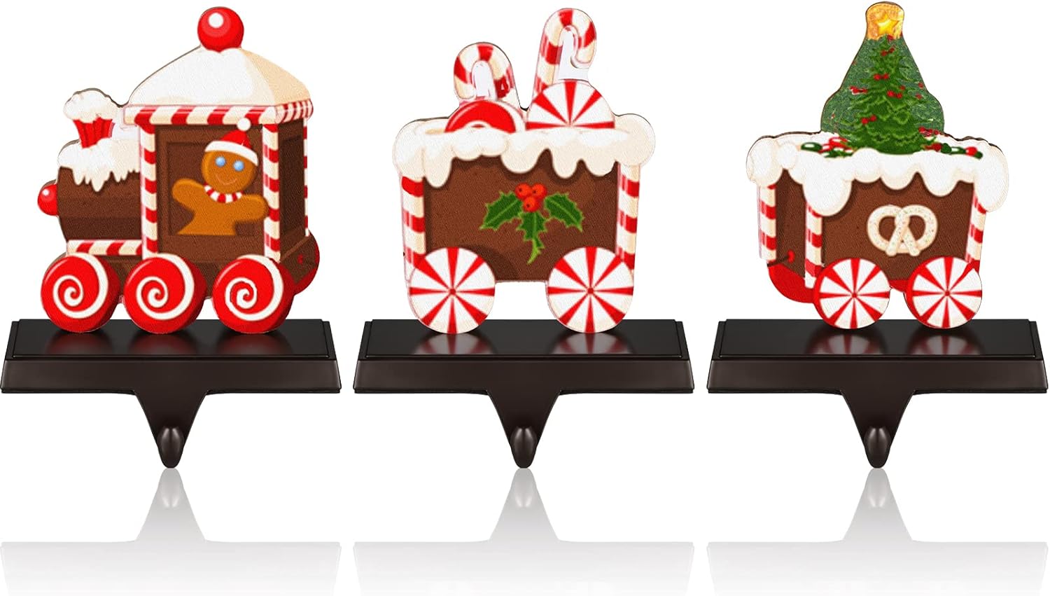 Ornament Hooks - Spiareal 3 Pieces Christmas Stocking Holder Stand Hangers Stocking Holder Stand Christmas Stocking Hook with Christmas Tree Gnome Reindeer Christmas Train Metal Hook for Christmas Decoration (Train)
