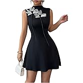 Floerns Women's 3D Floral Ruffle Tank Short Dress Mock Neck Sleeveless A Line Dresses