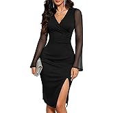 WAYMAKER Women’s V Neck Sheer Mesh Long Sleeve Ruched Bodycon Sexy Split Midi Cocktail Party Dress
