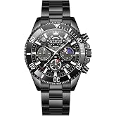 OLEVS Watches for Men Fashion Big Face Chronograph Men's Wrist Watches | Classic Waterproof Dress Analog Stainless Steel Watches for Men Casual Moon Phase Luminous Man Watches for Men