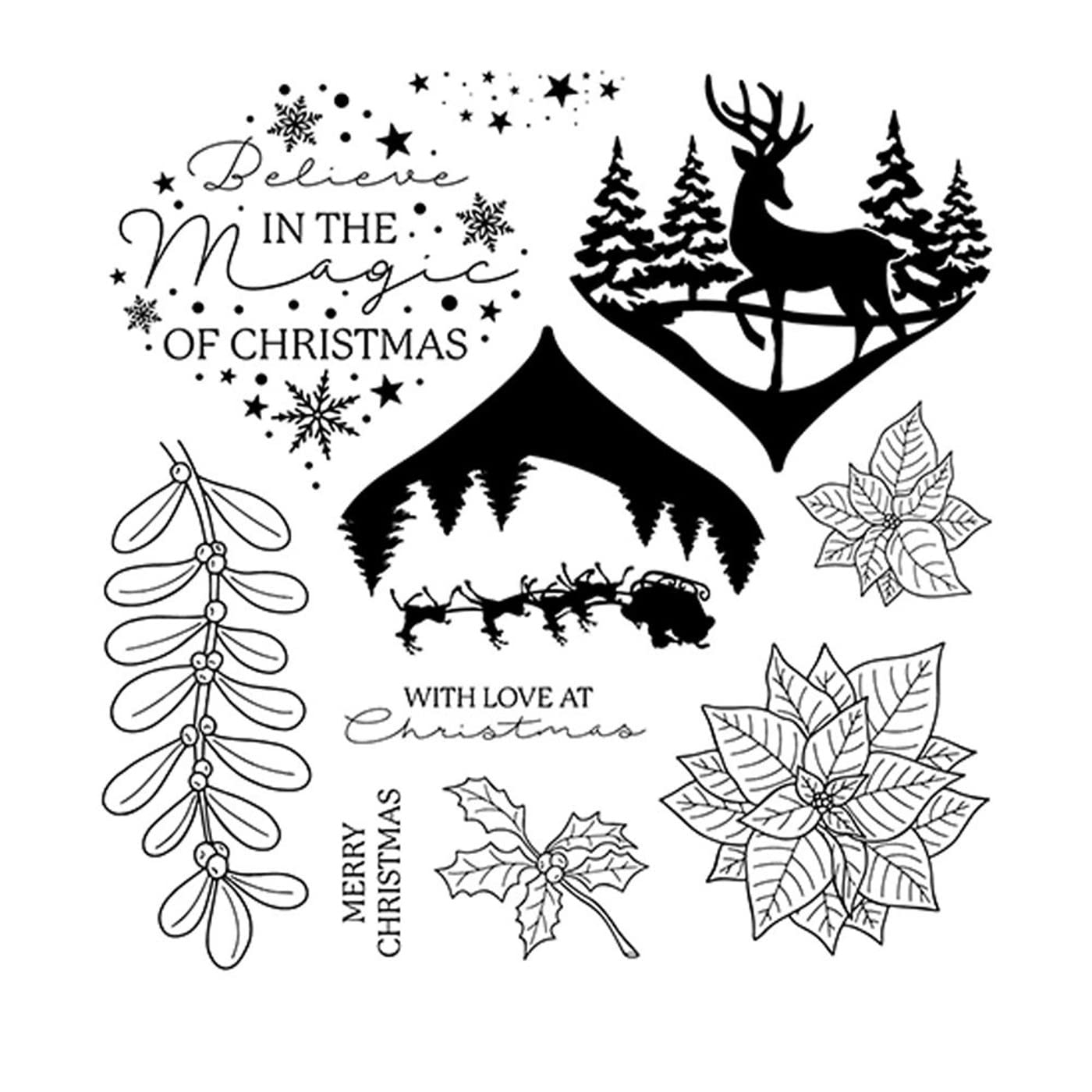 arriettycraft Christmas Berry Branch Deer Elk Sleigh Snowflakes Clear Stamps for Christmas Cards Making Decoration and Scrapbooking Rubber Stamps for Craft