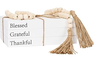 OMISHE Decorative Books for Home Decor, White Faux Books for Decoration, Decor Books, Fake Books, Rustic Farmhouse Stacked Display Books with Wood Bead Garland for Coffee Tables Living Room (Blessed)