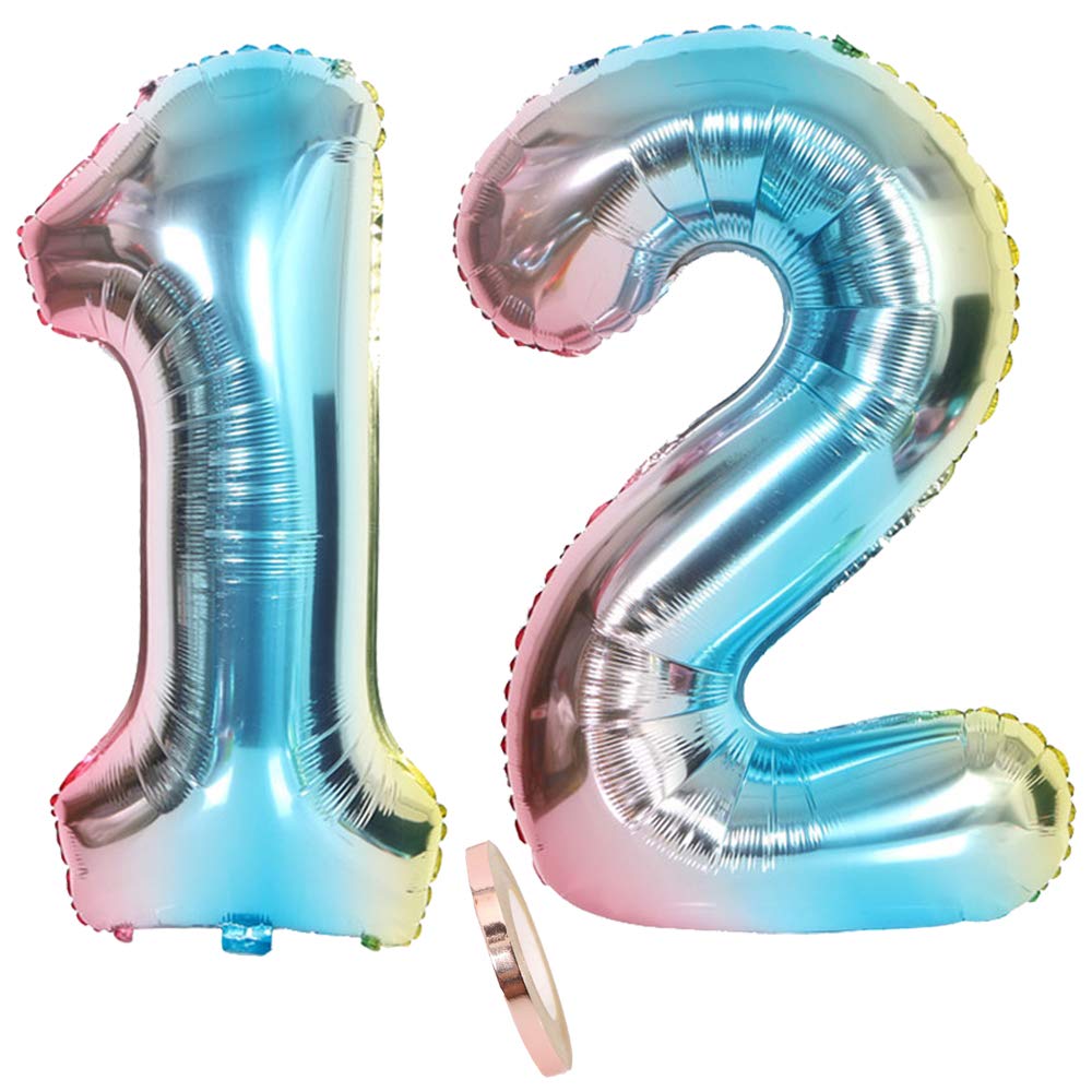 2 Balloons Number 12, Number Balloon Rainbow Girl Boy 32 Inch Giant Inflatable Helium Foil Balloon Blue Colourful Iridescent Balloons Figures for 12th Birthday Party Decoration (XXXL 80 cm)