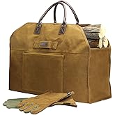 INNO STAGE Firewood Log Carrier Bag Waxed Canvas Tote Holder with Fireplace Pure Leather Gloves for Hay Hauling Outdoor Camping, BBQ Barbecue
