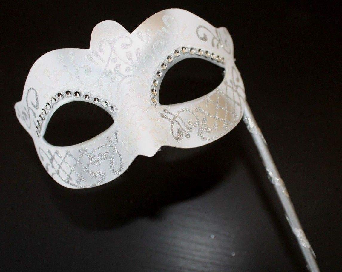 LADIES WHITE & SILVER CRYSTAL JEWELLED EYES VENETIAN MASQUERADE CARNIVAL PARTY EYE BALL MASK ON A STICK