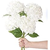 Pmyra 20" 4Pcs White Faux Hydrangea Flowers Real Touch Fake Hydrangeas Bouquet Hydrangea Artificial Flowers with Leaves Stems for Centerpiece Arrangements Wedding Party Home Décor