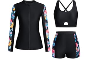 Womens 3 Piece Rash Guard Swimsuit Set Long Sleeve Bathing Suits with Boy Shorts Criss Cross Push Up Bikini Sets