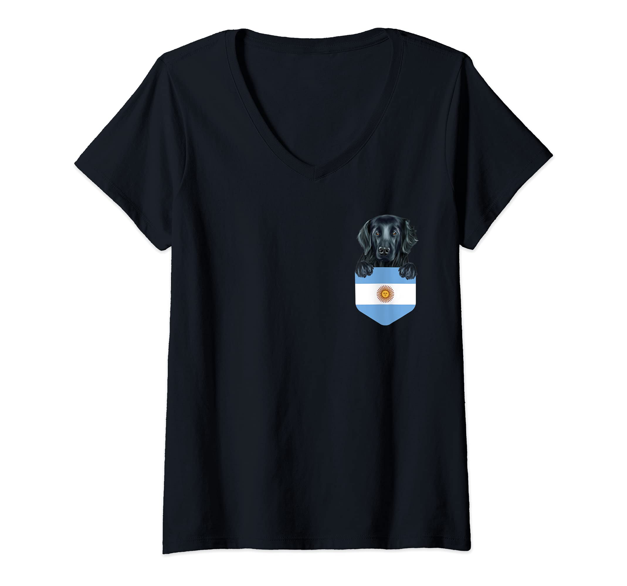 Womens Argentina Flag Flat-Coated Retriever Dog In Pocket V-Neck T-Shirt
