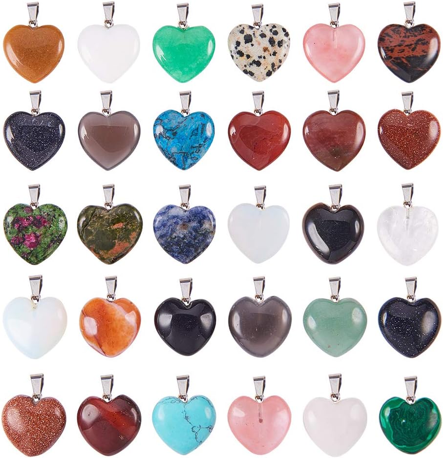 PandaHall Elite 25pcs 2 Size Mixed Color Heart Gemstone Pendants with Platinum Tone Brass Findings for Earring, Bracelets and Necklace Making