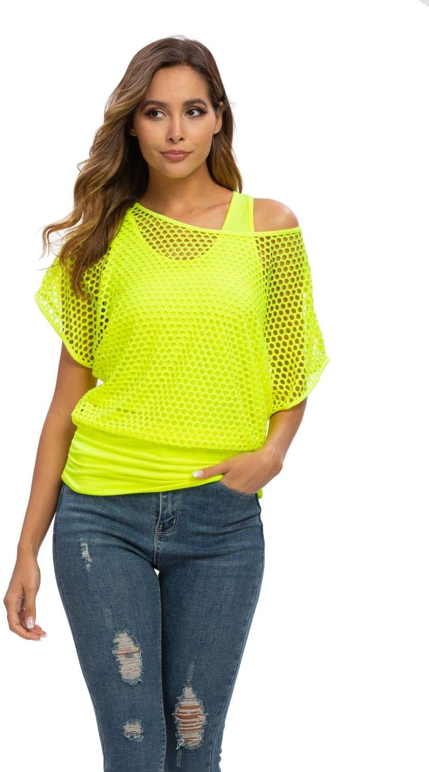 Women Casual Sexy 80s Costumes Fishnet Neon Off Shoulder T-Shirt