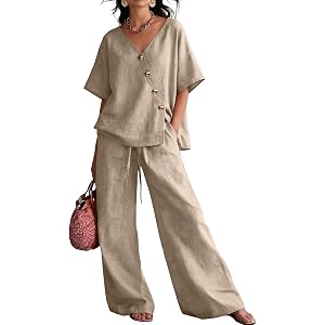 SamLng Oversized Loose Fit Linen 2 Piece Set, Asymmetric Oblique Button V Neck Short Sleeve Top & Elastic Wide Leg Pants