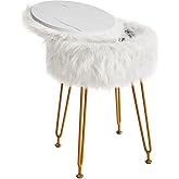 IBUYKE Round Faux Fur Vanity Stool with Storage, Furry Makeup Chair Ottoman, Soft Padded Seat, Round Footrest Footstools with 4 Metal Legs, for Living Room Bedroom Entryway, White WBD021W