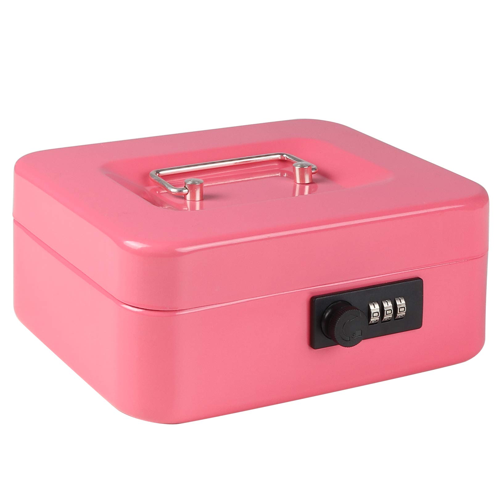 Parrency Cash Box with Combination Lock, Safe Metal Small Locking Box with Money Tray, 7 4/5" x 6 4/5" x 3 3/5", Pink