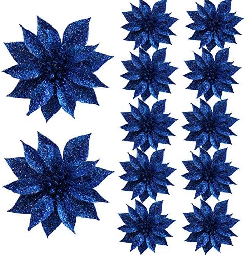 Crazy Night Glitter Christmas Poinsettia Christmas Tree Ornaments Holiday Party Decor-20 Pcs (Blue)