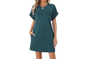 Famulily Womens Dresses Crew Neck Pleated Front Short Rolled Sleeve Casual Summer Dress with Pockets S-XXL