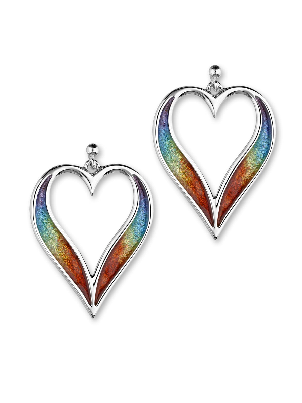 Ortak 925 Sterling Silver Handmade Drop Earrings Heart Shaped Design Hot Glass Hand Enamel In Rainbow Colourways High Polished Fine Jewellery Made In Scotland