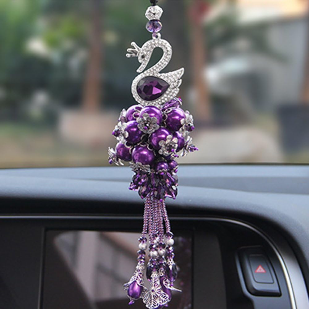 BabYoung Creative Swan with Diamond Car Hanging Decor Ornament Decoration Rearview Mirror Glass Peace Pendant (Purple)