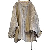 NFYM Women's Linen Asymmetrical Shirt Top Irregular Hem Tie Retro Stand Collar Button Blouse Shirts