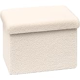 PINPLUS Storage Ottoman Cube Ottoman Foot Rest,Small Foldable Portable Boucle Upholstered Sherpa Ottomans, Faux Teddy Fur, White 16.5"x12.6"x12.6"