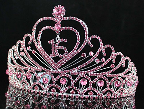 Janefashions Sweet Sixteen 16 Birthday Party Rhinestone Tiara Crown w/ Hair Combs T1629p Pink