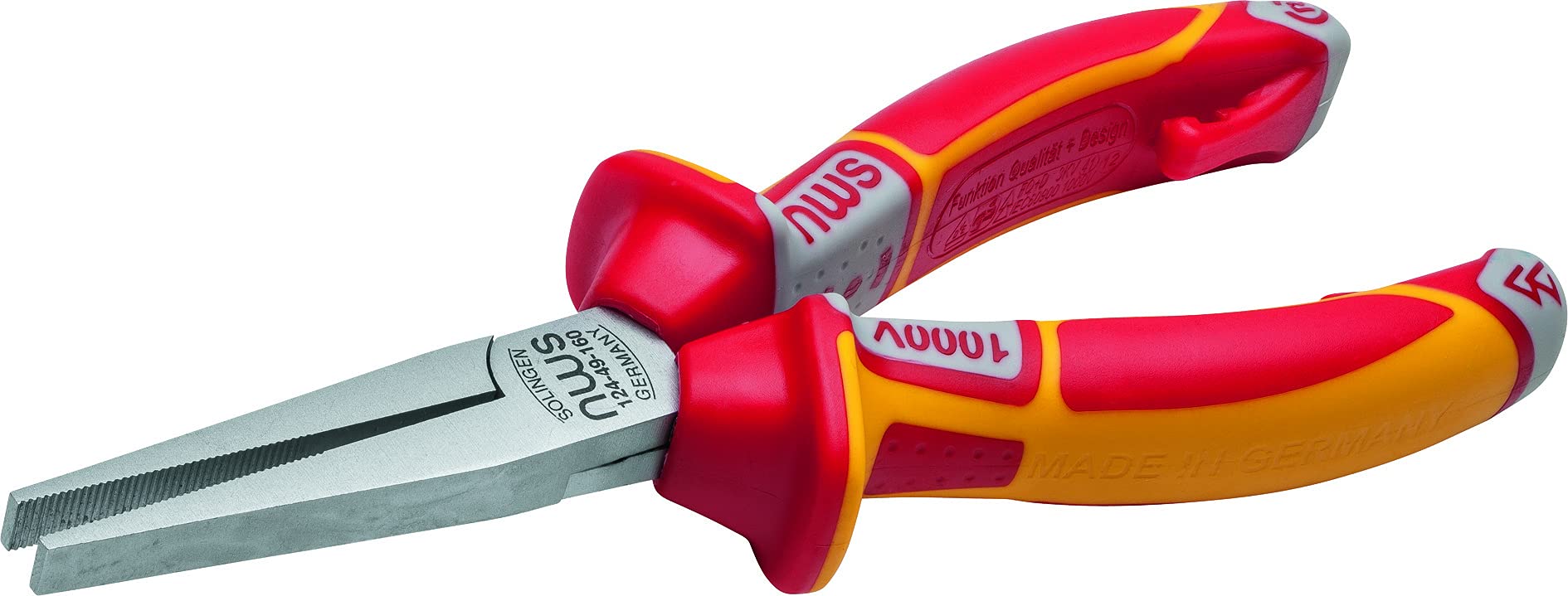 NWS 124-49-VDE-160-SB Number 124-49 VDE Long Flat Nose Pliers, Silver/Red/Yellow, 160 mm