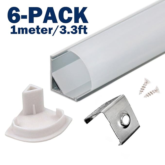 Profil LED 45° - 6x100cm LED Aluminium Profil für LED-Streifen/Leisten mit Weiß Milchige Abdeckung,Endkappen,und Montageklamm