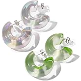 Chunky Acrylic Hoop Earrings for Women Thick Rhinestone Resin Open Hoops Colorful Geometric Earrings Lightweight Hypoallergenic for Sensitive Ears