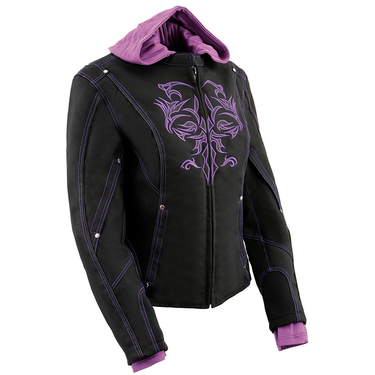 Photo 1 of Milwaukee Leather MPL1967 Women's 3/4 Hooded Black and Purple Textile Jacket with Reflective Tribal Detail - 3X-Large