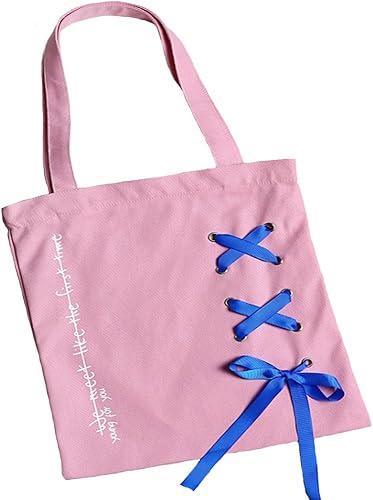 Amazon Fivelovetwoレディース英字プリントキャンバス トートバッグ 斜め掛けハンドバッグ 帆布 カバン ショルダー バッグ可愛いリボン付き大容量 肩掛け手提げバッグピンク Fivelovetwo トートバッグ